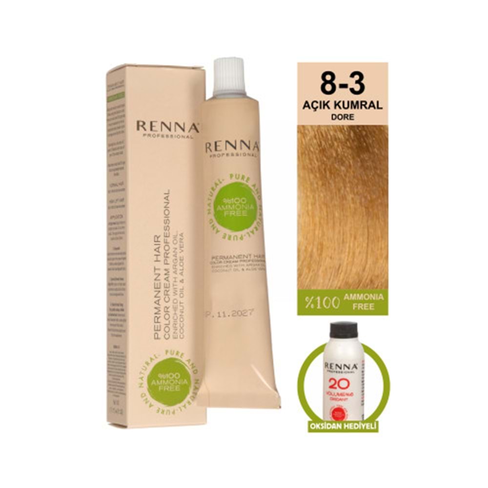 Renna AMONYAKSIZ Bitkisel Yıpranmış Saçlar İçin Saç Boyası 8-3 Açık Kumral Dore 60ml