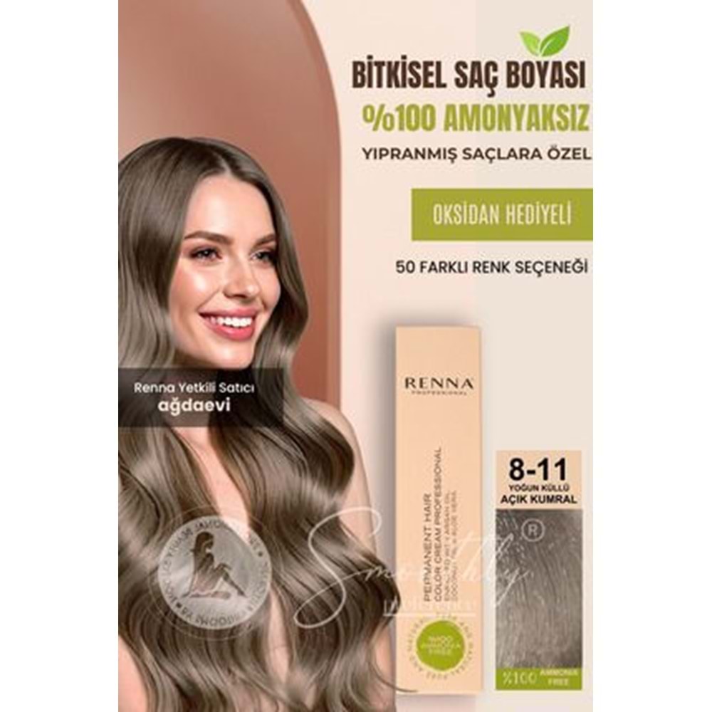 Renna AMONYAKSIZ Bitkisel Yıpranmış Saçlar İçin Saç Boyası 8-11 YOĞUN KÜLLÜ AÇIK KUMRAL 60ml