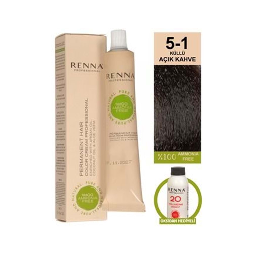 Renna AMONYAKSIZ Bitkisel Yıpranmış Saçlar İçin Saç Boyası 5-1 KÜLLÜ AÇIK KAHVE 60ml