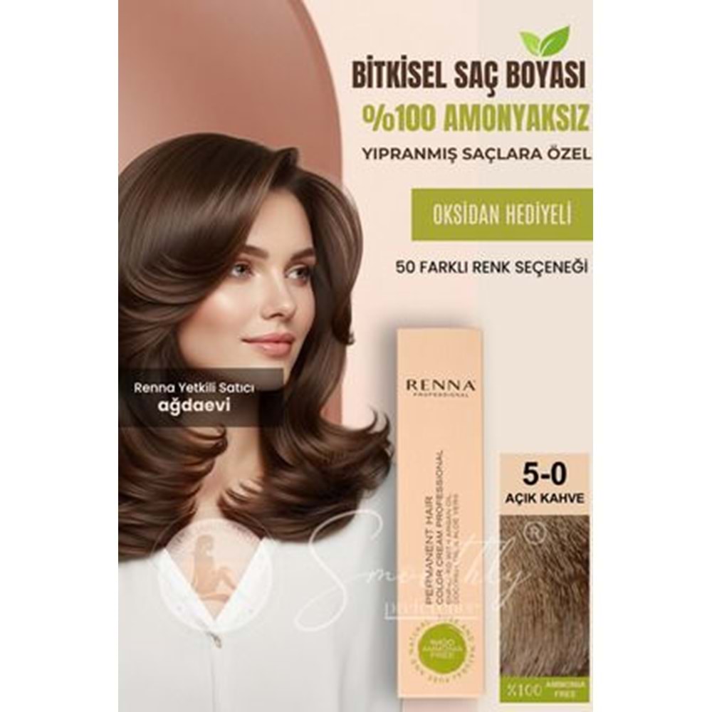 Renna AMONYAKSIZ Bitkisel Yıpranmış Saçlar İçin Saç Boyası 5-0 AÇIK KAHVE 60ml