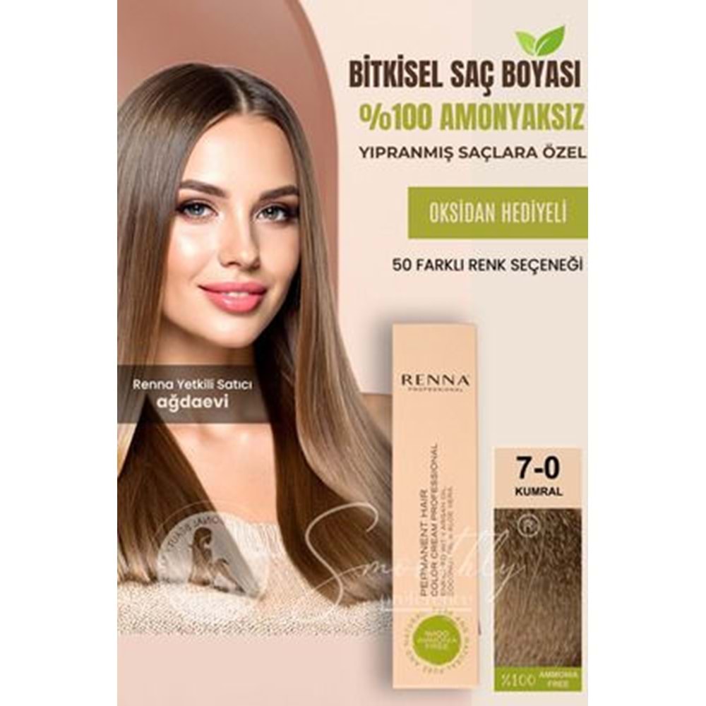 Renna AMONYAKSIZ Bitkisel Yıpranmış Saçlar İçin Saç Boyası 7-0 KUMRAL 60ml