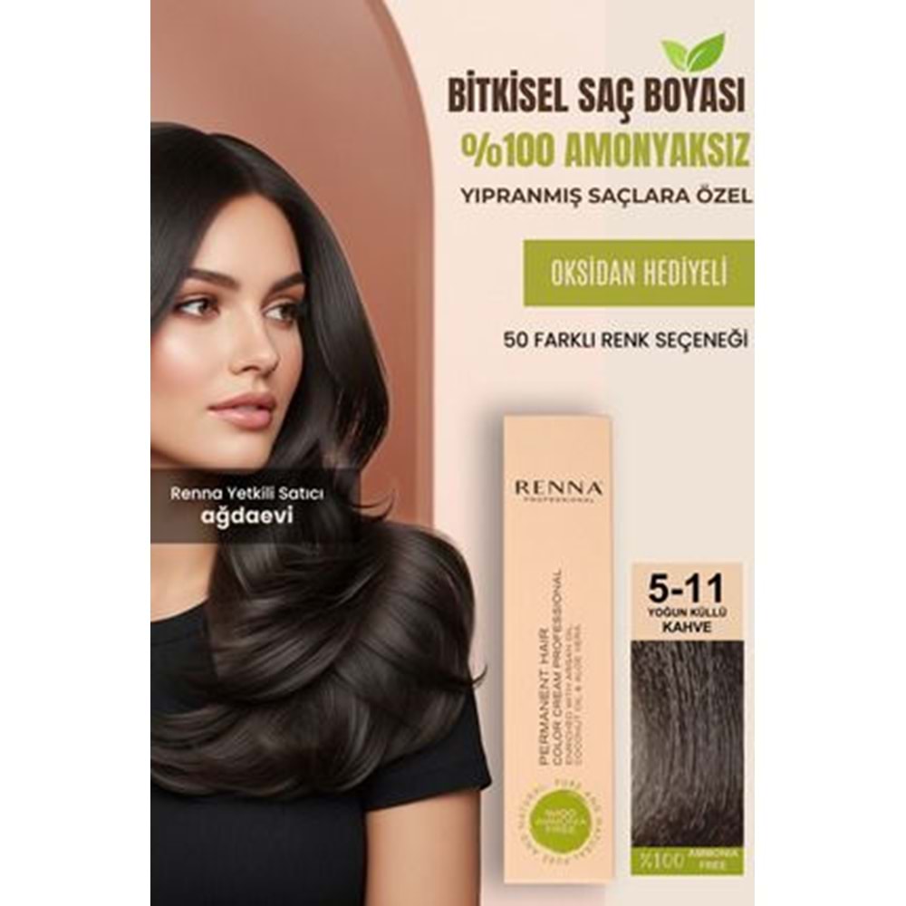 Renna AMONYAKSIZ Bitkisel Yıpranmış Saçlar İçin Saç Boyası 5-11 YOĞUN KÜLLÜ KAHVE 60ml