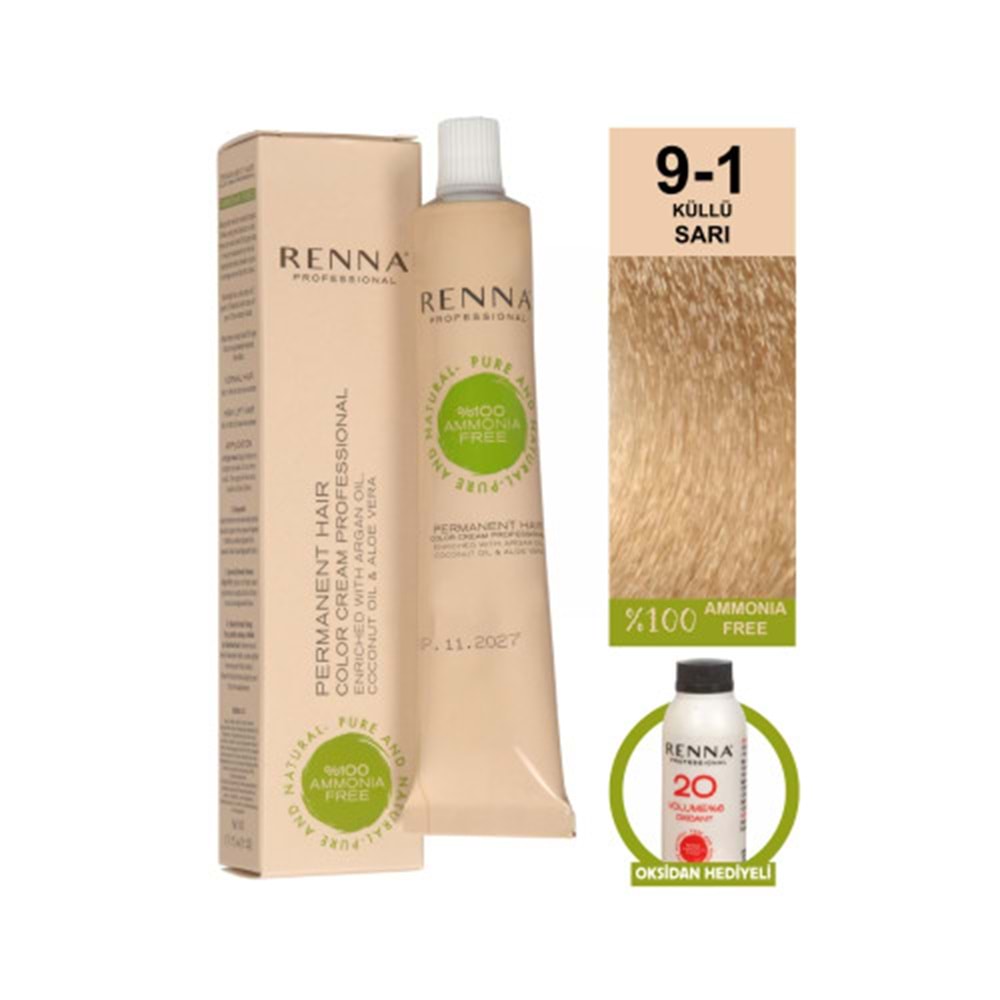 Renna AMONYAKSIZ Bitkisel Yıpranmış Saçlar İçin Saç Boyası 9-1 Küllü Sarı 60ml