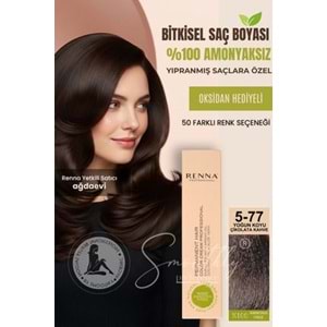 Renna AMONYAKSIZ Bitkisel Yıpranmış Saçlar İçin Saç Boyası 5-77 YOĞUN KOYU ÇİKOLATA KAHVE 60ml