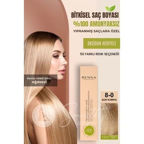 Renna AMONYAKSIZ Bitkisel Yıpranmış Saçlar İçin Saç Boyası 8-0 AÇIK KUMRAL 60ml