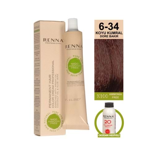 Renna AMONYAKSIZ Bitkisel Yıpranmış Saçlar İçin Saç Boyası 6-34 Koyu Kumral-Dore Bakır 60 ml