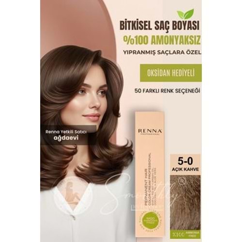 Renna AMONYAKSIZ Bitkisel Yıpranmış Saçlar İçin Saç Boyası 5-0 AÇIK KAHVE 60ml