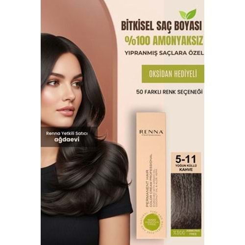 Renna AMONYAKSIZ Bitkisel Yıpranmış Saçlar İçin Saç Boyası 5-11 YOĞUN KÜLLÜ KAHVE 60ml