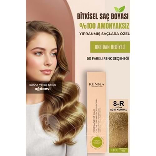 Renna AMONYAKSIZ Bitkisel Yıpranmış Saçlar İçin Saç Boyası 8-R YOĞUN AÇIK KUMRAL 60ml