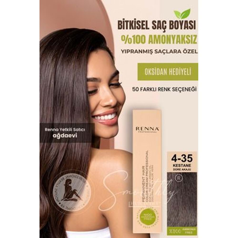 Renna AMONYAKSIZ Bitkisel Yıpranmış Saçlar İçin Saç Boyası 4-35 KESTANE DORE AKAJU 60ml