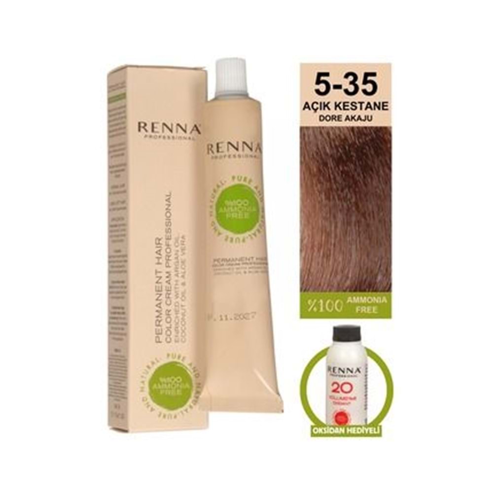 Renna AMONYAKSIZ Bitkisel Yıpranmış Saçlar İçin Saç Boyası 5-35 Açık Kestane 60ml