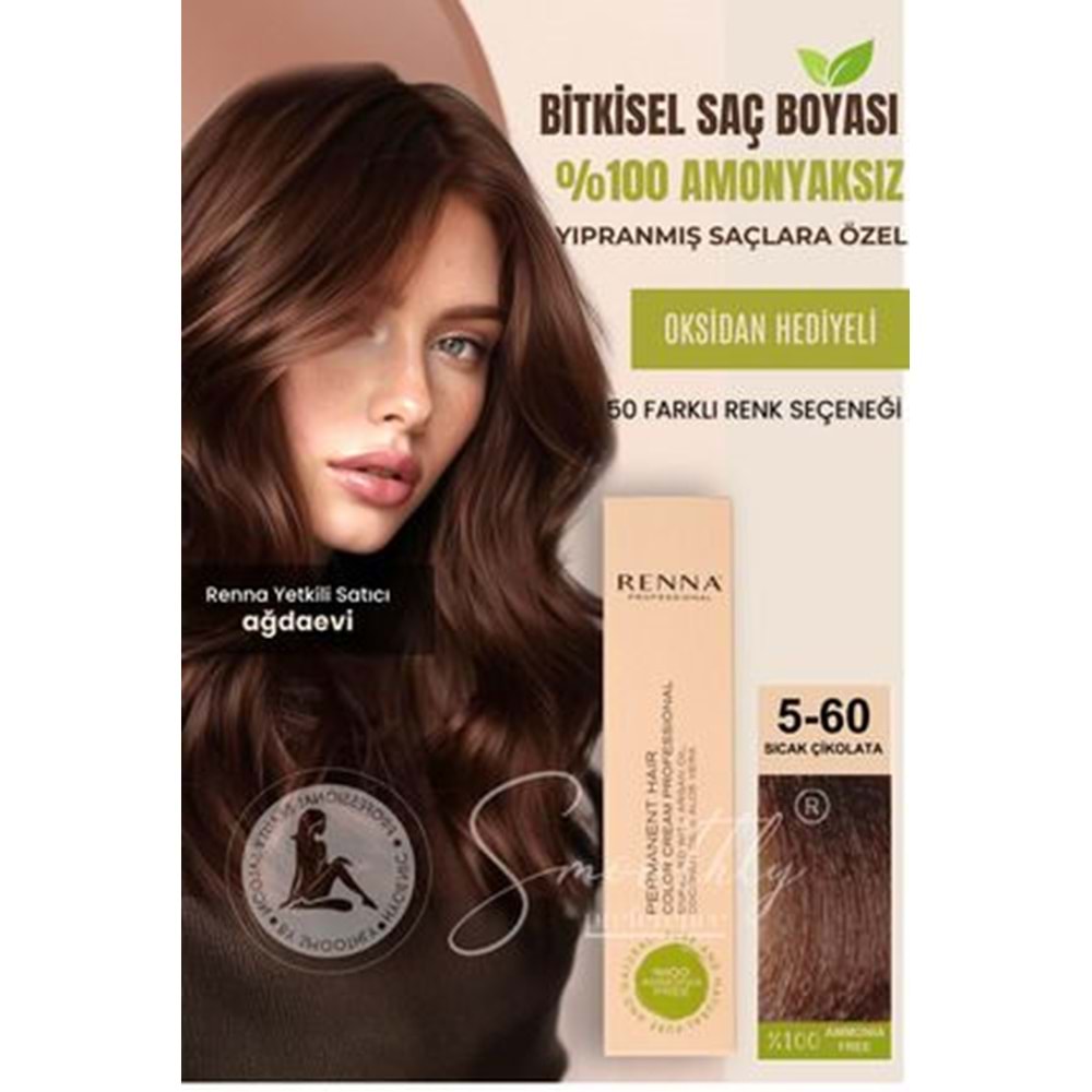 Renna AMONYAKSIZ Bitkisel Yıpranmış Saçlar İçin Saç Boyası 5-60 SICAK ÇİKOLATA 60ml