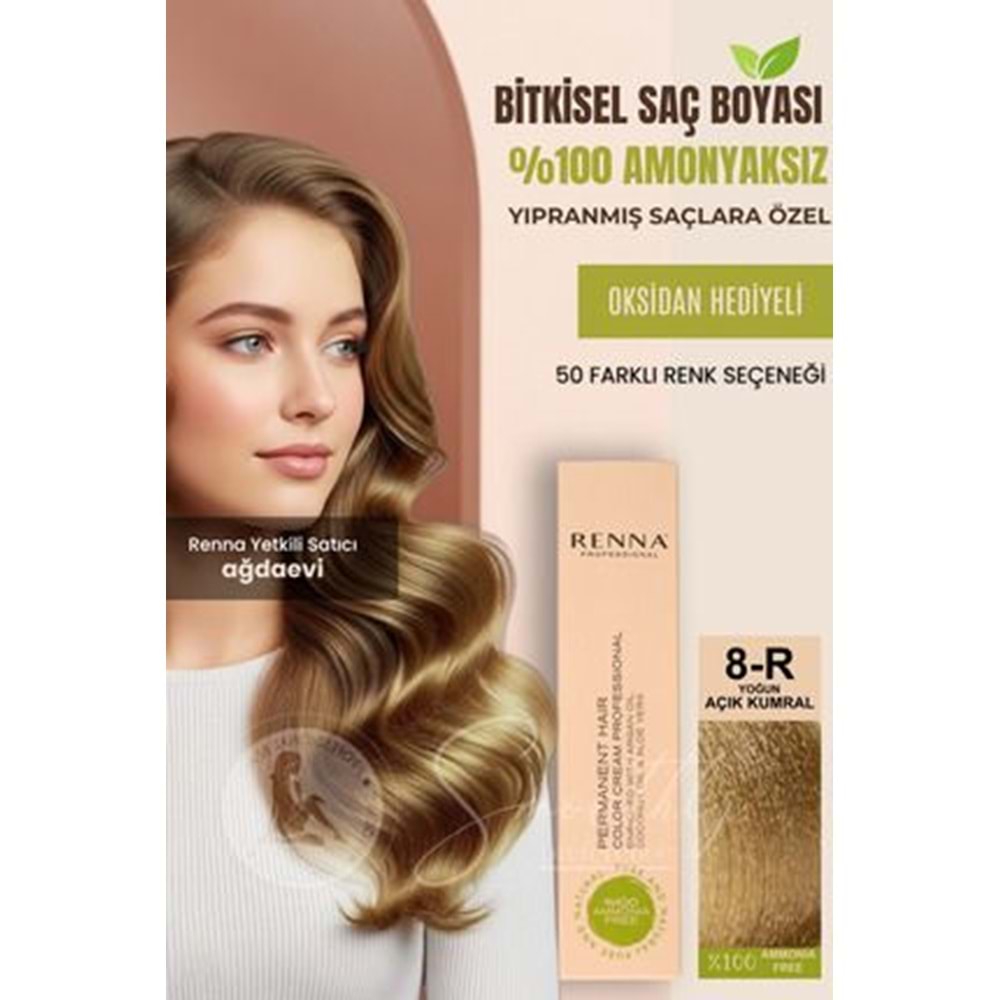 Renna AMONYAKSIZ Bitkisel Yıpranmış Saçlar İçin Saç Boyası 8-R YOĞUN AÇIK KUMRAL 60ml