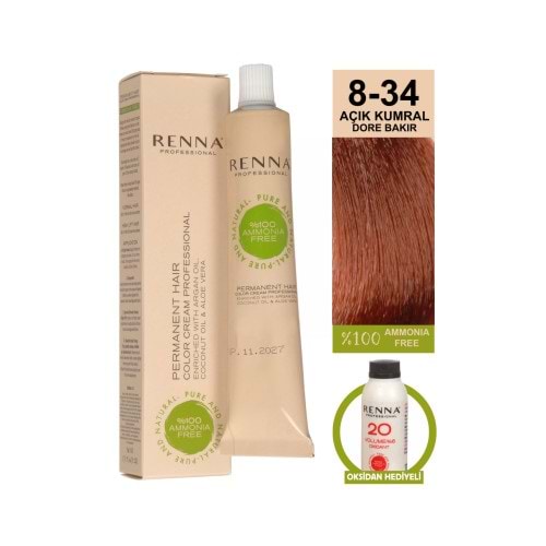 Renna AMONYAKSIZ Bitkisel Yıpranmış Saçlar İçin Saç Boyası 8-34 Açık Kumral Dore Bakır 60ml